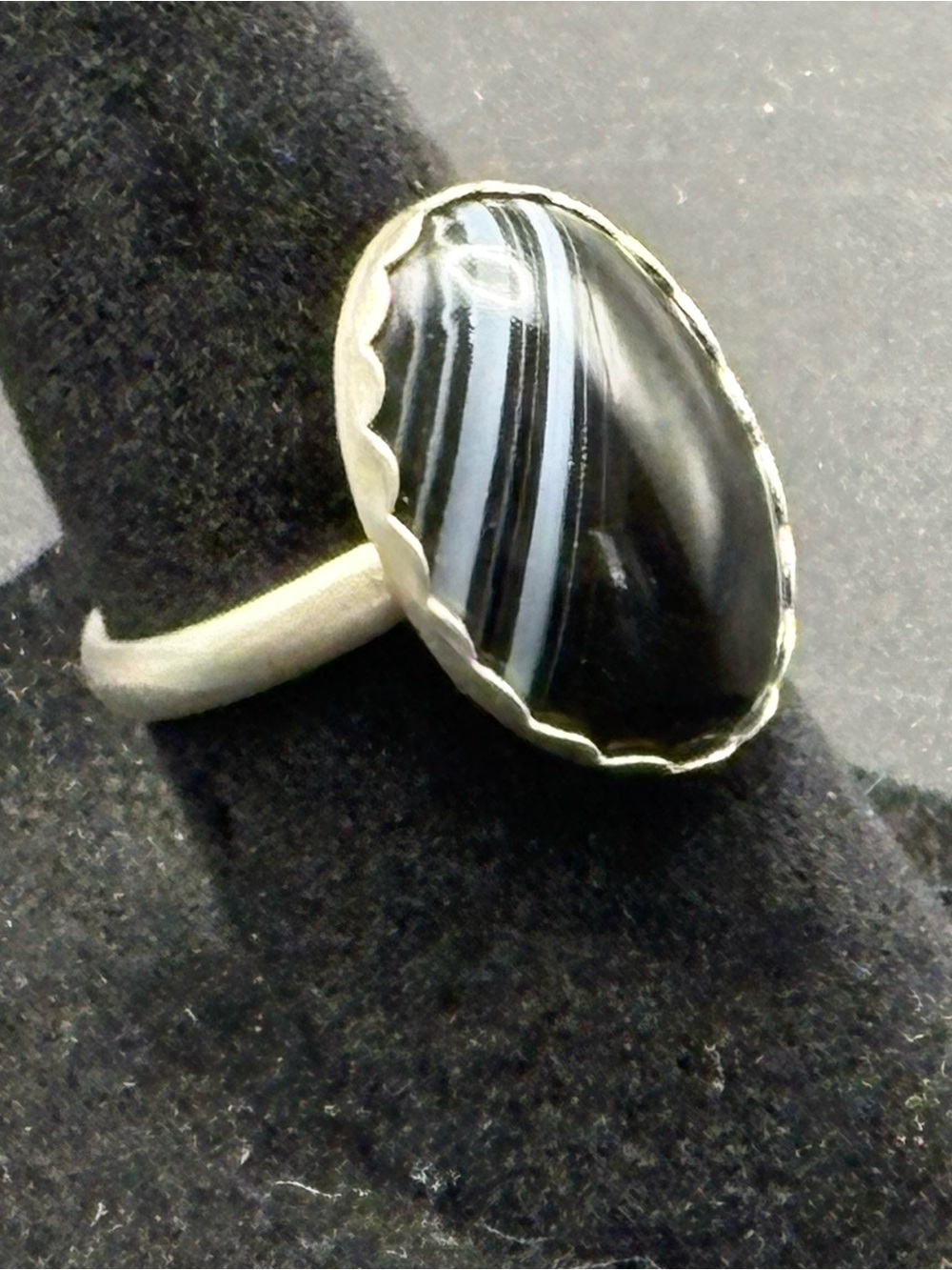 Sterling Silver Black Striped Agate Oval Statement Ring
